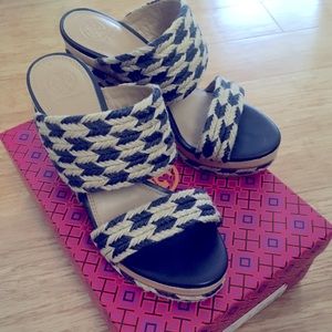 Navy and tan jute platform Tory Burch sandal high heels